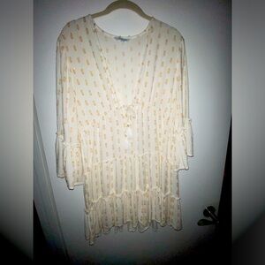 Blue Island White Swim Suit Cover up Gold Pattern Dress Size M Medium Boho